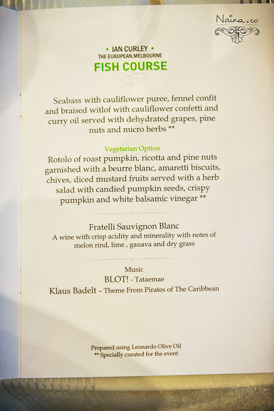 Menu by Michelin Star Chefs for the CSSG Gastronomy Summit 2012, New Delhi, India. Laurie Gear, Ian Curley, Vineet Bhatia, Frances Atkins, Marcello Tully, Anjum Anand. Food Photography by photographer Naina Redhu of Naina.co