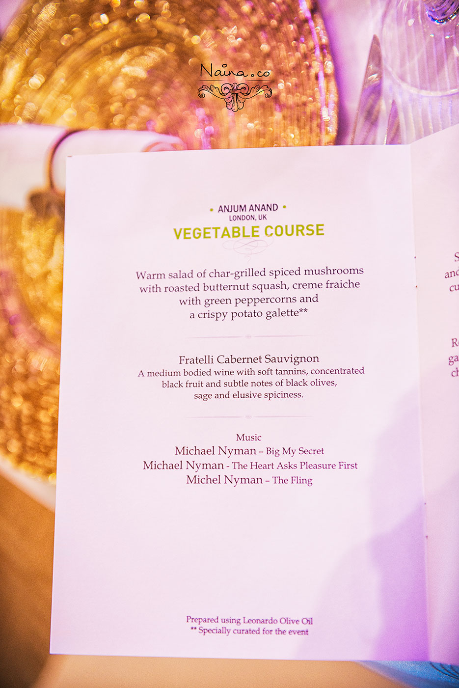 Menu by Michelin Star Chefs for the CSSG Gastronomy Summit 2012, New Delhi, India. Laurie Gear, Ian Curley, Vineet Bhatia, Frances Atkins, Marcello Tully, Anjum Anand. Food Photography by photographer Naina Redhu of Naina.co