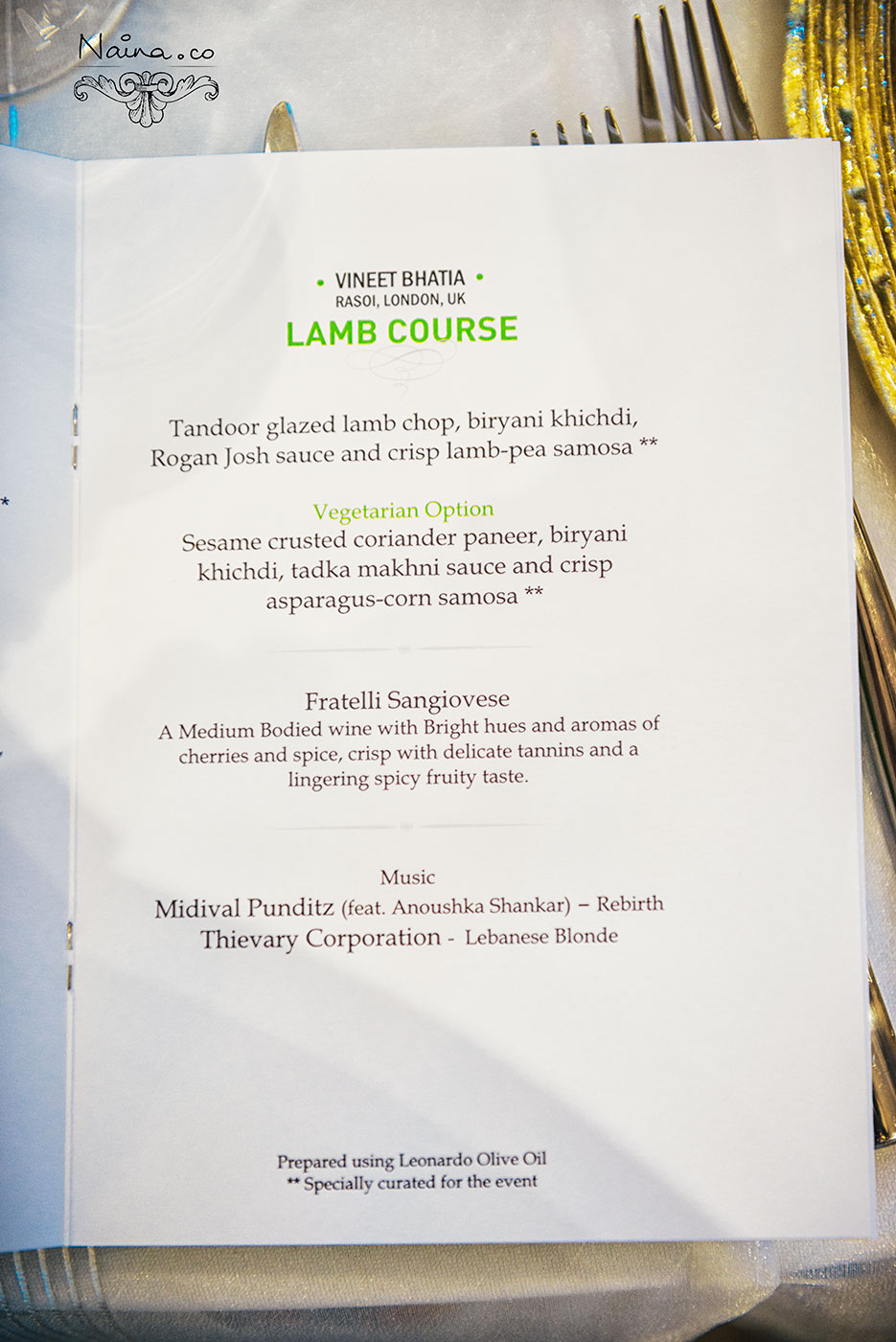 Menu by Michelin Star Chefs for the CSSG Gastronomy Summit 2012, New Delhi, India. Laurie Gear, Ian Curley, Vineet Bhatia, Frances Atkins, Marcello Tully, Anjum Anand. Food Photography by photographer Naina Redhu of Naina.co