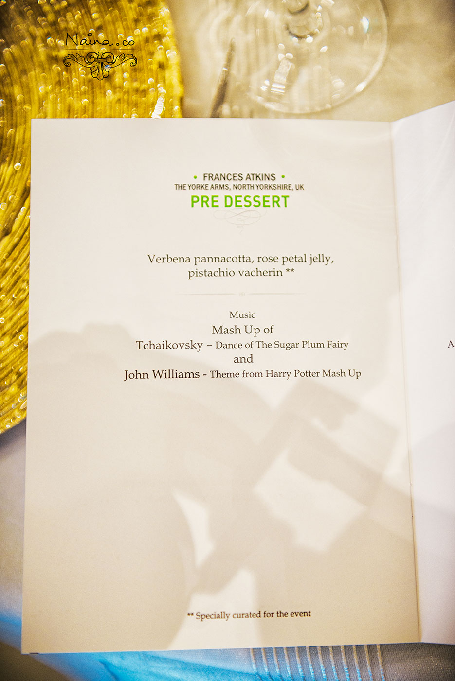 Menu by Michelin Star Chefs for the CSSG Gastronomy Summit 2012, New Delhi, India. Laurie Gear, Ian Curley, Vineet Bhatia, Frances Atkins, Marcello Tully, Anjum Anand. Food Photography by photographer Naina Redhu of Naina.co