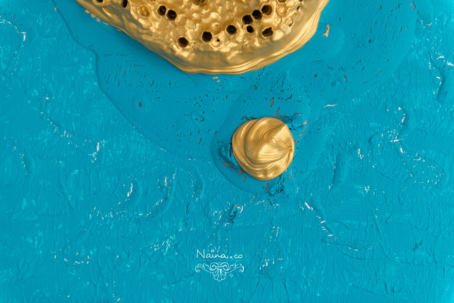 Painting, art by CrimsonTurquoise by artist Naina Redhu using an embedded paper-wasp nest on canvas.