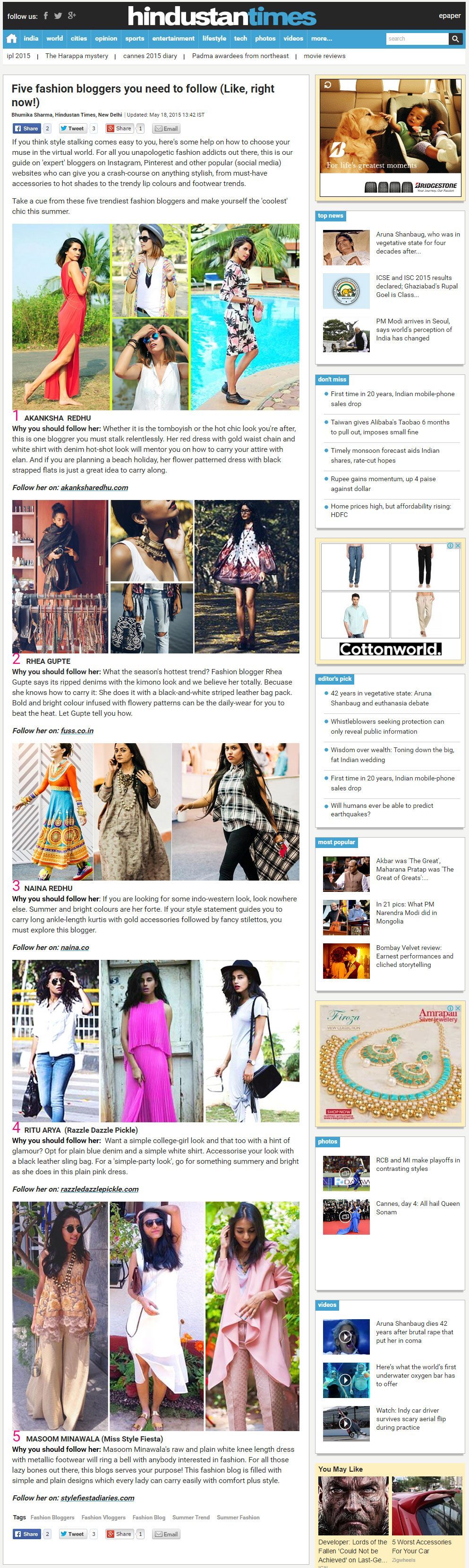 Hindustan Times, Five Fashion Bloggers To Follow, Press, Naina.co Luxury & Lifestyle, Photographer Storyteller, Blogger. 