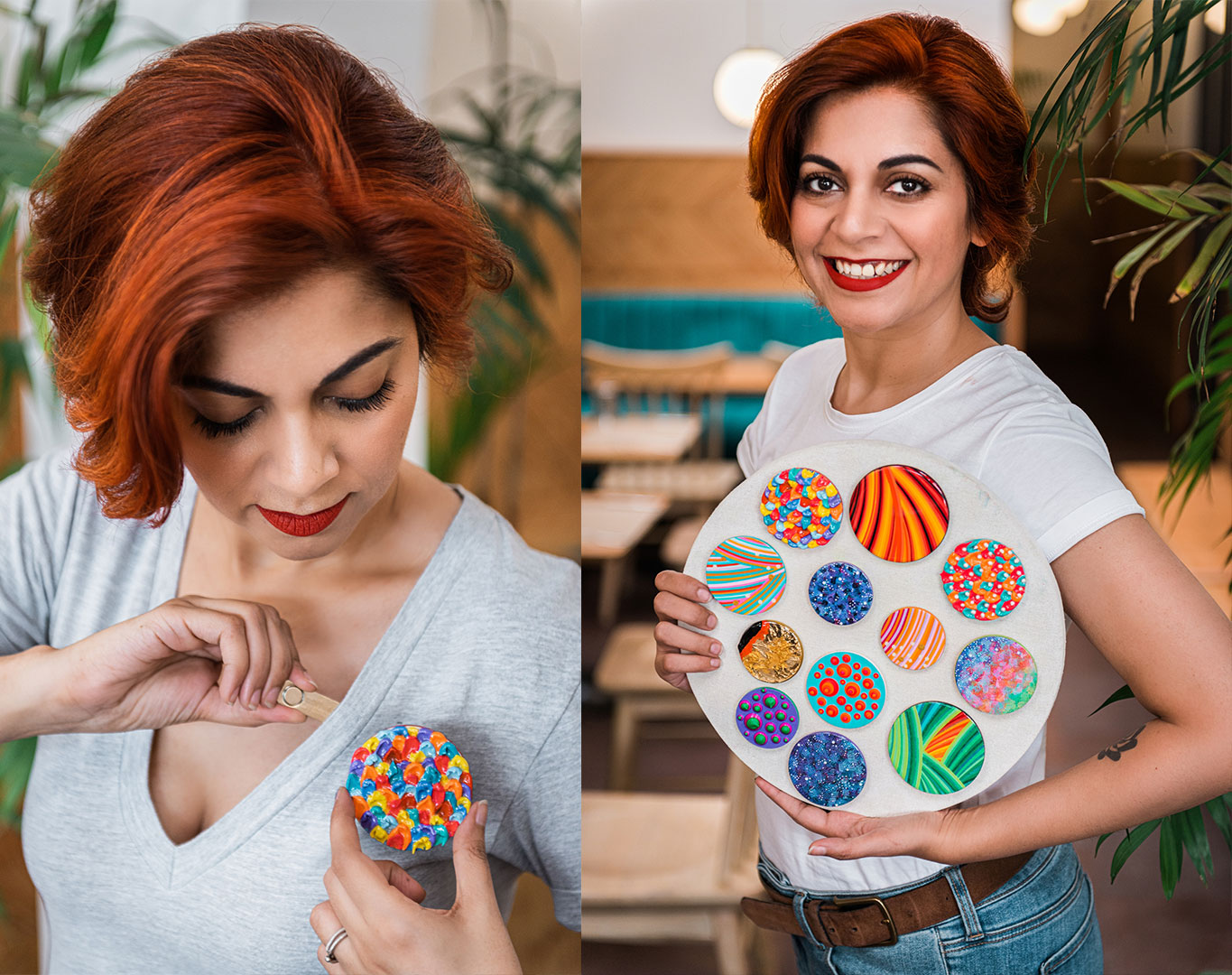 brooches, hand painted brooches, art jewellery, wearable art, unique edition, limited edition, wooden brooches, khaosphilos, artbynaina, naina redhu, naina.co, naina brooches, circular brooches, round brooches