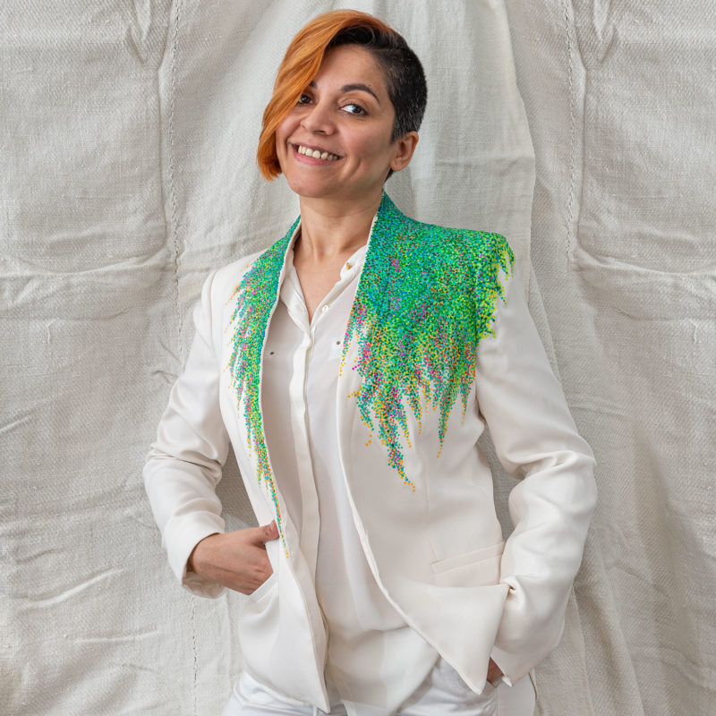 midsummer jardin, hand-painted jacket, impressionist, pointillism, impressionism, post-impressionism, contemporary art, khaosphilos, wearable art, wear a painting, wear art, made in india, make in india, madeinindia, makeinindia, wearableart, wearart, wearapainting, khaos philos, naina redhu, naina.co, naina, indian artist, art on garments, painted jacket, painted blazer, flower garden, midsummer garden, artist's garden, monet, seurat