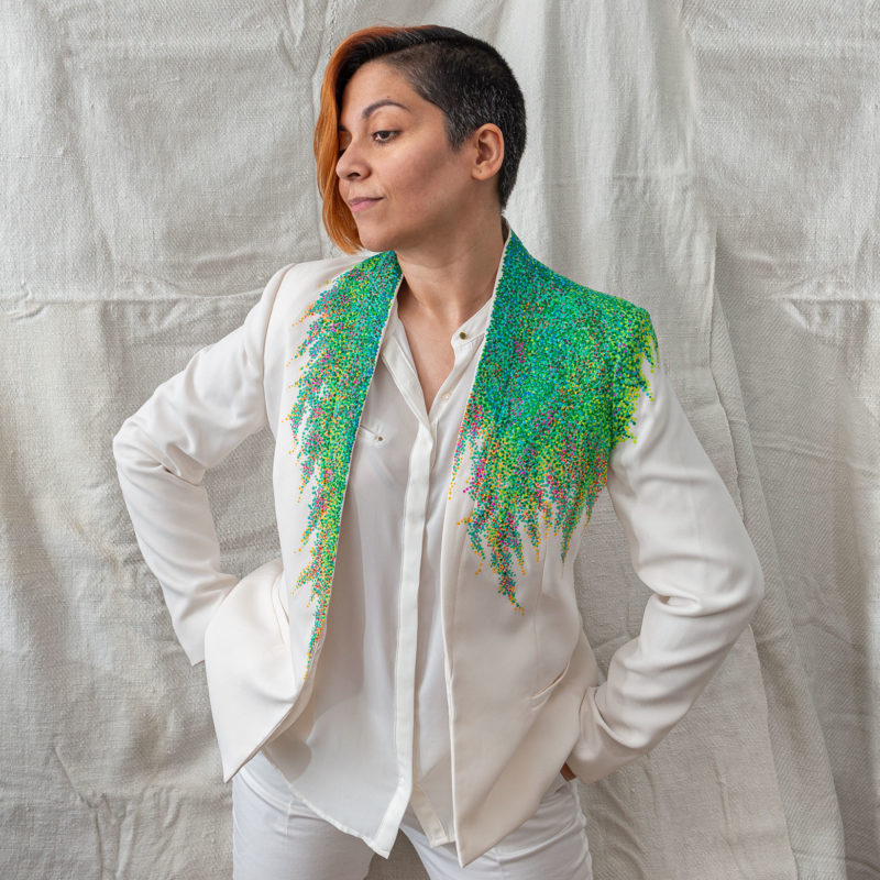 midsummer jardin, hand-painted jacket, impressionist, pointillism, impressionism, post-impressionism, contemporary art, khaosphilos, wearable art, wear a painting, wear art, made in india, make in india, madeinindia, makeinindia, wearableart, wearart, wearapainting, khaos philos, naina redhu, naina.co, naina, indian artist, art on garments, painted jacket, painted blazer, flower garden, midsummer garden, artist's garden, monet, seurat