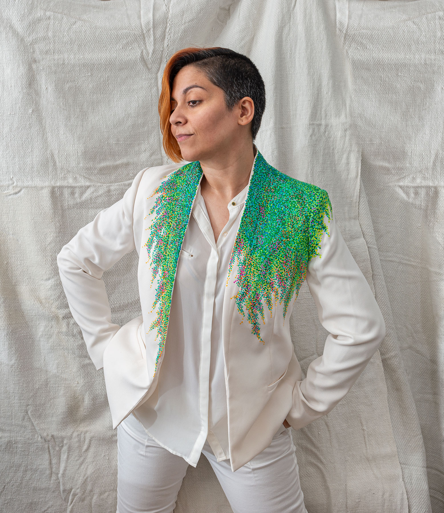 midsummer jardin, hand-painted jacket, impressionist, pointillism, impressionism, post-impressionism, contemporary art, khaosphilos, wearable art, wear a painting, wear art, made in india, make in india, madeinindia, makeinindia, wearableart, wearart, wearapainting, khaos philos, naina redhu, naina.co, naina, indian artist, art on garments, painted jacket, painted blazer, flower garden, midsummer garden, artist's garden, monet, seurat