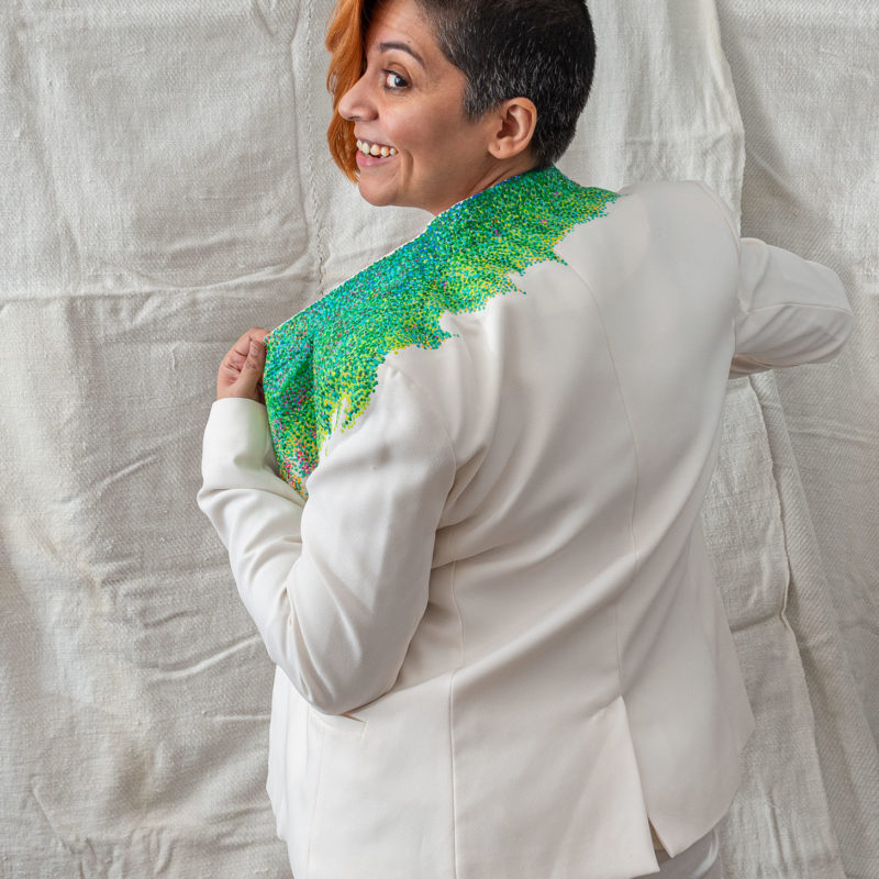 midsummer jardin, hand-painted jacket, impressionist, pointillism, impressionism, post-impressionism, contemporary art, khaosphilos, wearable art, wear a painting, wear art, made in india, make in india, madeinindia, makeinindia, wearableart, wearart, wearapainting, khaos philos, naina redhu, naina.co, naina, indian artist, art on garments, painted jacket, painted blazer, flower garden, midsummer garden, artist's garden, monet, seurat