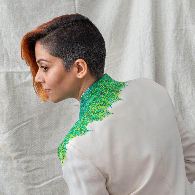 midsummer jardin, hand-painted jacket, impressionist, pointillism, impressionism, post-impressionism, contemporary art, khaosphilos, wearable art, wear a painting, wear art, made in india, make in india, madeinindia, makeinindia, wearableart, wearart, wearapainting, khaos philos, naina redhu, naina.co, naina, indian artist, art on garments, painted jacket, painted blazer, flower garden, midsummer garden, artist's garden, monet, seurat