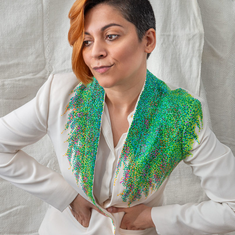 midsummer jardin, hand-painted jacket, impressionist, pointillism, impressionism, post-impressionism, contemporary art, khaosphilos, wearable art, wear a painting, wear art, made in india, make in india, madeinindia, makeinindia, wearableart, wearart, wearapainting, khaos philos, naina redhu, naina.co, naina, indian artist, art on garments, painted jacket, painted blazer, flower garden, midsummer garden, artist's garden, monet, seurat