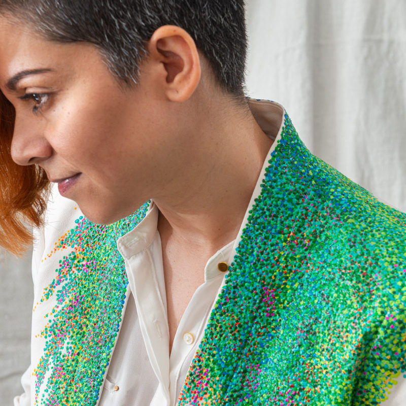 midsummer jardin, hand-painted jacket, impressionist, pointillism, impressionism, post-impressionism, contemporary art, khaosphilos, wearable art, wear a painting, wear art, made in india, make in india, madeinindia, makeinindia, wearableart, wearart, wearapainting, khaos philos, naina redhu, naina.co, naina, indian artist, art on garments, painted jacket, painted blazer, flower garden, midsummer garden, artist's garden, monet, seurat