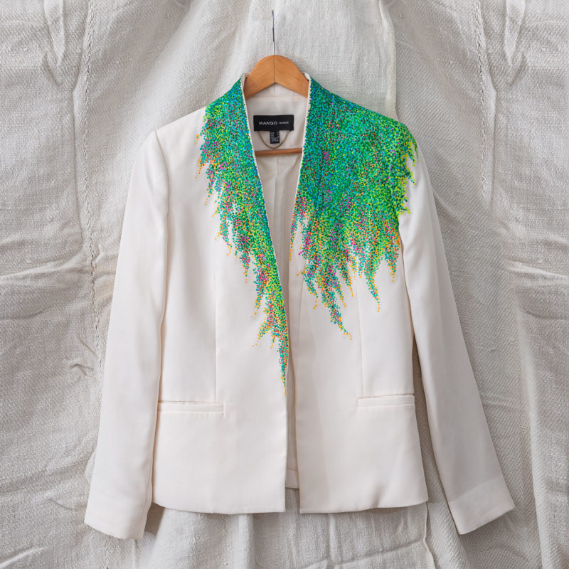 midsummer jardin, hand-painted jacket, impressionist, pointillism, impressionism, post-impressionism, contemporary art, khaosphilos, wearable art, wear a painting, wear art, made in india, make in india, madeinindia, makeinindia, wearableart, wearart, wearapainting, khaos philos, naina redhu, naina.co, naina, indian artist, art on garments, painted jacket, painted blazer, flower garden, midsummer garden, artist's garden, monet, seurat