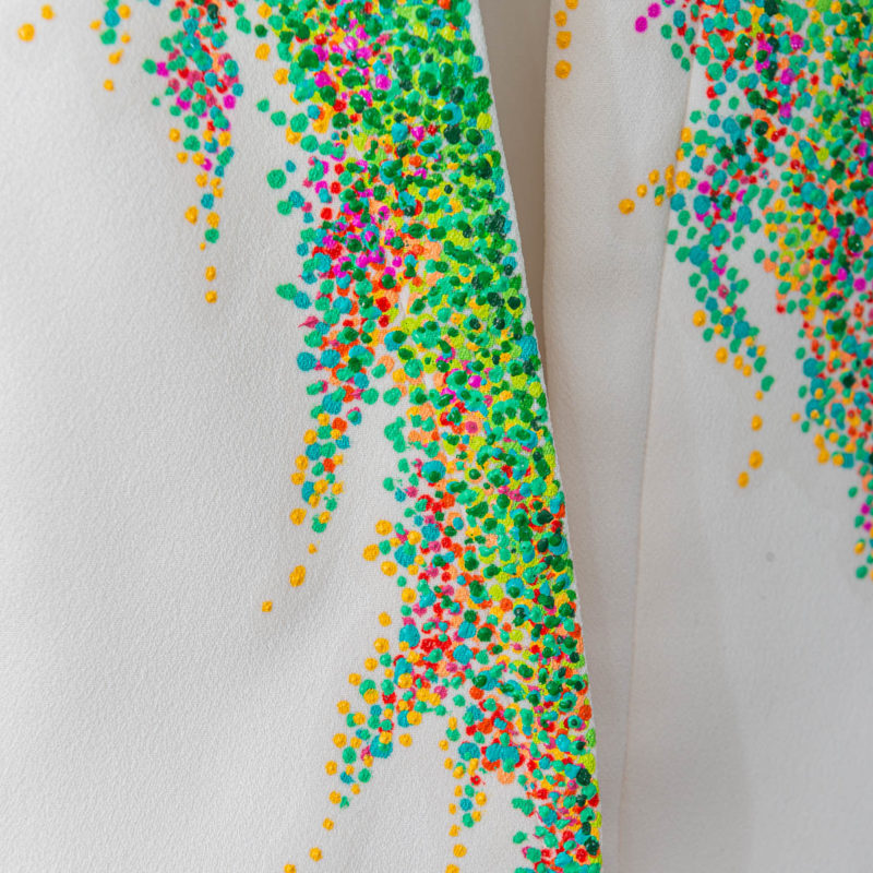 midsummer jardin, hand-painted jacket, impressionist, pointillism, impressionism, post-impressionism, contemporary art, khaosphilos, wearable art, wear a painting, wear art, made in india, make in india, madeinindia, makeinindia, wearableart, wearart, wearapainting, khaos philos, naina redhu, naina.co, naina, indian artist, art on garments, painted jacket, painted blazer, flower garden, midsummer garden, artist's garden, monet, seurat