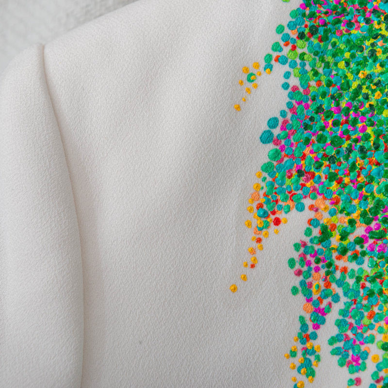 midsummer jardin, hand-painted jacket, impressionist, pointillism, impressionism, post-impressionism, contemporary art, khaosphilos, wearable art, wear a painting, wear art, made in india, make in india, madeinindia, makeinindia, wearableart, wearart, wearapainting, khaos philos, naina redhu, naina.co, naina, indian artist, art on garments, painted jacket, painted blazer, flower garden, midsummer garden, artist's garden, monet, seurat
