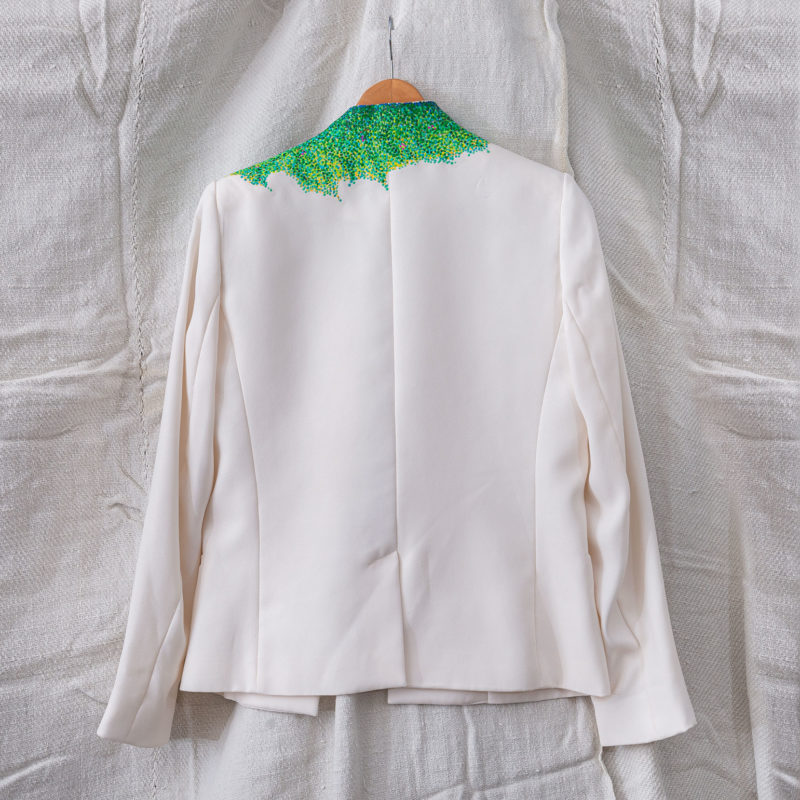 midsummer jardin, hand-painted jacket, impressionist, pointillism, impressionism, post-impressionism, contemporary art, khaosphilos, wearable art, wear a painting, wear art, made in india, make in india, madeinindia, makeinindia, wearableart, wearart, wearapainting, khaos philos, naina redhu, naina.co, naina, indian artist, art on garments, painted jacket, painted blazer, flower garden, midsummer garden, artist's garden, monet, seurat