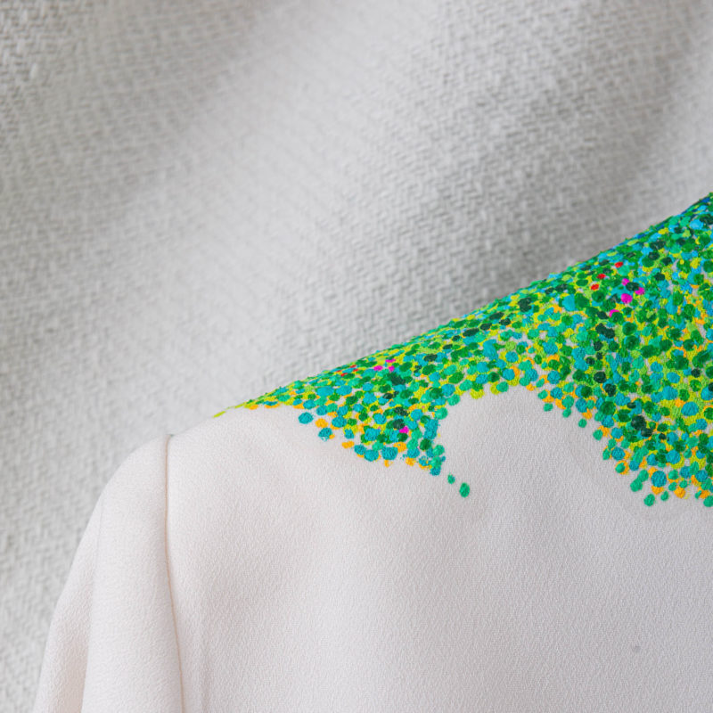 midsummer jardin, hand-painted jacket, impressionist, pointillism, impressionism, post-impressionism, contemporary art, khaosphilos, wearable art, wear a painting, wear art, made in india, make in india, madeinindia, makeinindia, wearableart, wearart, wearapainting, khaos philos, naina redhu, naina.co, naina, indian artist, art on garments, painted jacket, painted blazer, flower garden, midsummer garden, artist's garden, monet, seurat