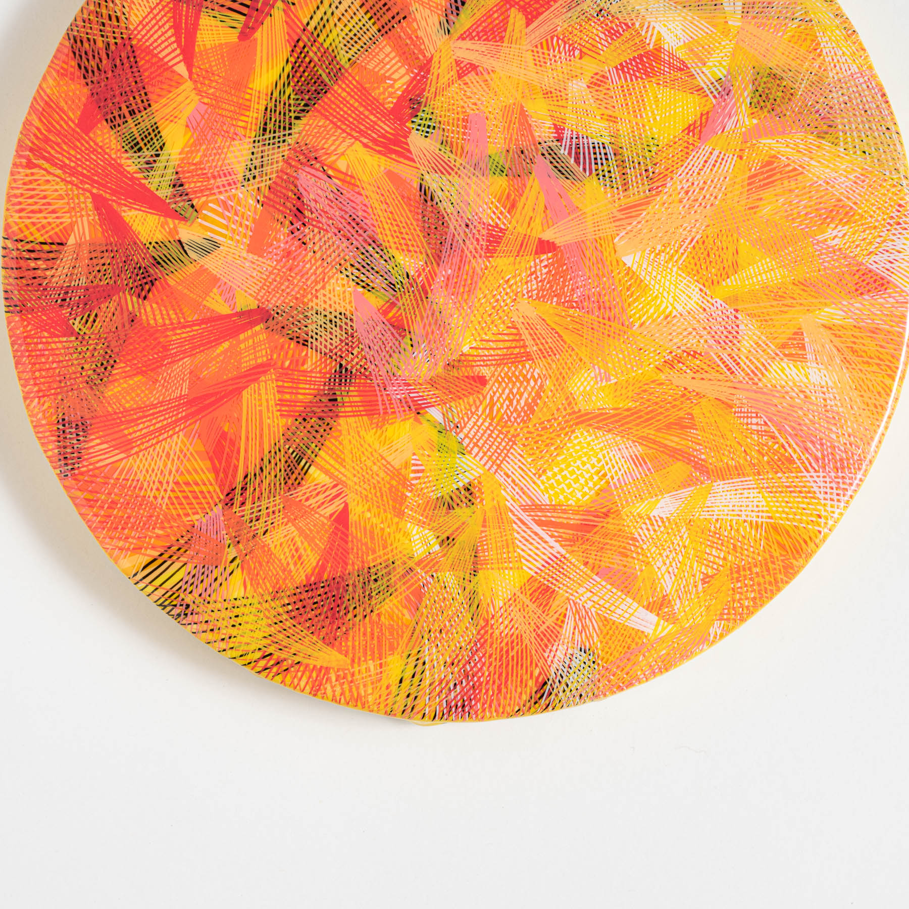 newsprint, tangerine, edition, newsprint tangerine edition, 8 inches diameter, circular canvas, naina redhu, naina.co, khaosphilos, handpainted, hand-painted, hand painted, indian contemporary art, indian contemporary artist, round canvas, acrylics on canvas, fine art, impressionism, hatching, stippling, line art, geometric abstraction, yellow, orange, lines, black, white, madeinindia, makeinindia, khaos philos, make in india, made in india, handmade in india, handmadeinindia, canvas painting, painting, art indian art, art in india, indian artist