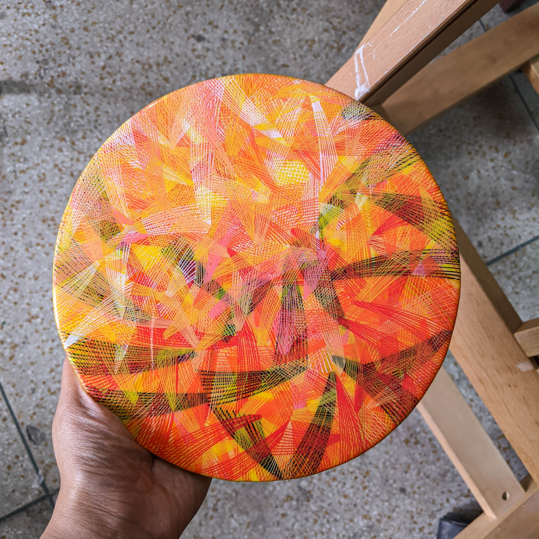 newsprint, tangerine, edition, newsprint tangerine edition, 8 inches diameter, circular canvas, naina redhu, naina.co, khaosphilos, handpainted, hand-painted, hand painted, indian contemporary art, indian contemporary artist, round canvas, acrylics on canvas, fine art, impressionism, hatching, stippling, line art, geometric abstraction, yellow, orange, lines, black, white, madeinindia, makeinindia, khaos philos, make in india, made in india, handmade in india, handmadeinindia, canvas painting, painting, art indian art, art in india, indian artist