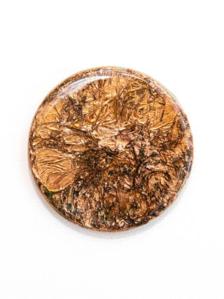 sealed from patina, copper, copper foil, metallic, 3 Inches Diameter, Naina.co, Naina Redhu, KhaosPhilos, colorful, wearable art brooch, contemporary art brooch,  wooden brooch, wear a painting, wearapainting, wearableart, wear art, art i can wear, art you can wear, acrylic painting, hand painted, indian artist, indian female artist, contemporary art, modern artist, indian contemporary art, indian contemporary artist, contemporary art india