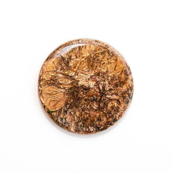 sealed from patina, copper, copper foil, metallic, 3 Inches Diameter, Naina.co, Naina Redhu, KhaosPhilos, colorful, wearable art brooch, wooden brooch, wear a painting, wearapainting, wearableart, wear art, art i can wear, art you can wear, acrylic painting, hand painted, indian artist, indian female artist, contemporary art, modern artist, indian contemporary art, indian contemporary artist, contemporary art india