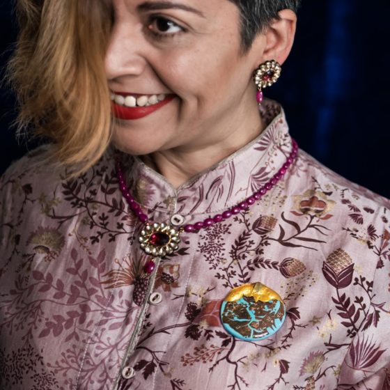In Time, Resurrection, Diwali 2020, Diwali Art, Wearable Art, Diwali Brooches, Naina Redhu, Naina, Naina.co, Landscape of Memories, Fragmented Lives, Rebuild, Shiny Plans, Dreams, Human Nature, Healing, Gold Foil, Copper Foil, Layered, Layers, Acrylics On Wood, Contemporary Art, Indian Artist, Contemporary Indian Artist, Wooden Brooches, Hand-Painted Brooches, Made In India, Make In India, Handmade, Hand Crafted, One Of A Kind, OneOfAKind, Diwali In India, Unique Accessories, Handmade Jewellery, Brooches Are Back, Wearable Sculpture, How To Style A Brooch, How to Wear A Brooch, Festive Look, Formal, Evening Wear
