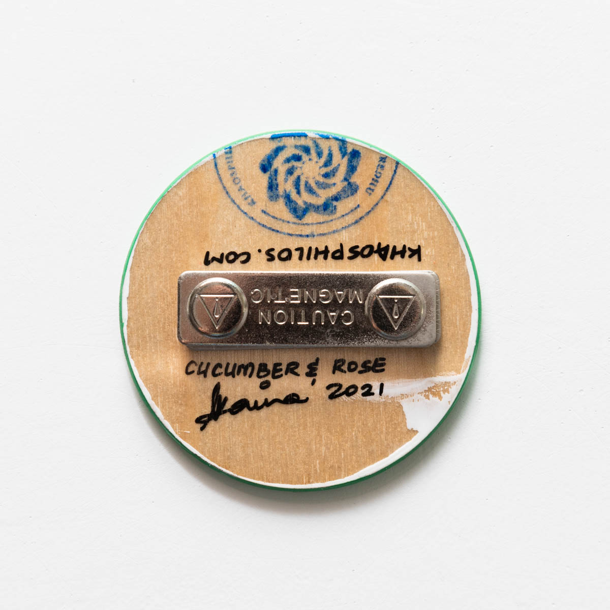 wearable art commission, art commission, contemporary art, brooch commission, william grant and sons, hendricks gin, cucumber and rose, rose and cucumber, artist, original art, certificate of authenticity, gin brand, roses, cucumbers, naina redhu, naina.co, khaosphilos, madeinindia, handmade, hand-painted, circular canvas, round brooch, magnet clasp, artist commission, painting commission