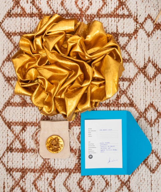 sold, original art, folded acrylic paint on canvas, made in india, khaosphilos, naina redhu, naina.co, contemporary art, indian artist, certificate of authenticity, wearable art brooch, contemporary art brooch,  mega gold