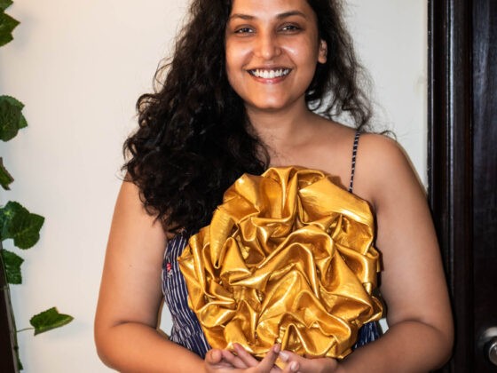 sold, original art, folded acrylic paint on canvas, made in india, khaosphilos, naina redhu, naina.co, contemporary art, indian artist, certificate of authenticity, wearable art brooch, contemporary art brooch,  mega gold