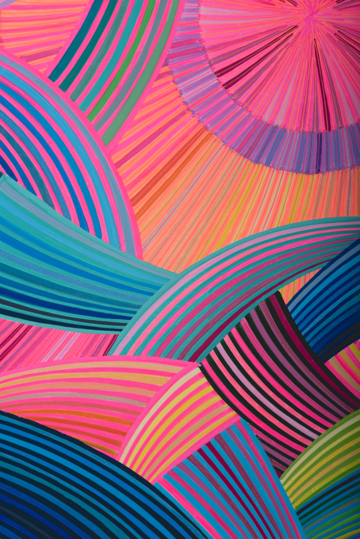 naina Redhu, naina.co, contemporary art, professional artist, round canvas, acrylics on canvas, synthetic polymer on canvas, original painting, Adelaide artist, Australia, Australian, we ride at dawn, 90 cms diameter, khaosphilos, art by naina, signature style, 2025, aurora australis, pink, orange, sunrise, Adelaide painter, contemporary artist