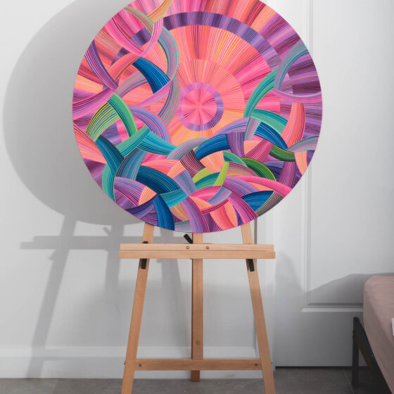 naina Redhu, naina.co, contemporary art, professional artist, round canvas, acrylics on canvas, synthetic polymer on canvas, original painting, Adelaide artist, Australia, Australian, we ride at dawn, 90 cms diameter, khaosphilos, art by naina, signature style, 2025, aurora australis, pink, orange, sunrise, Adelaide painter, contemporary artist