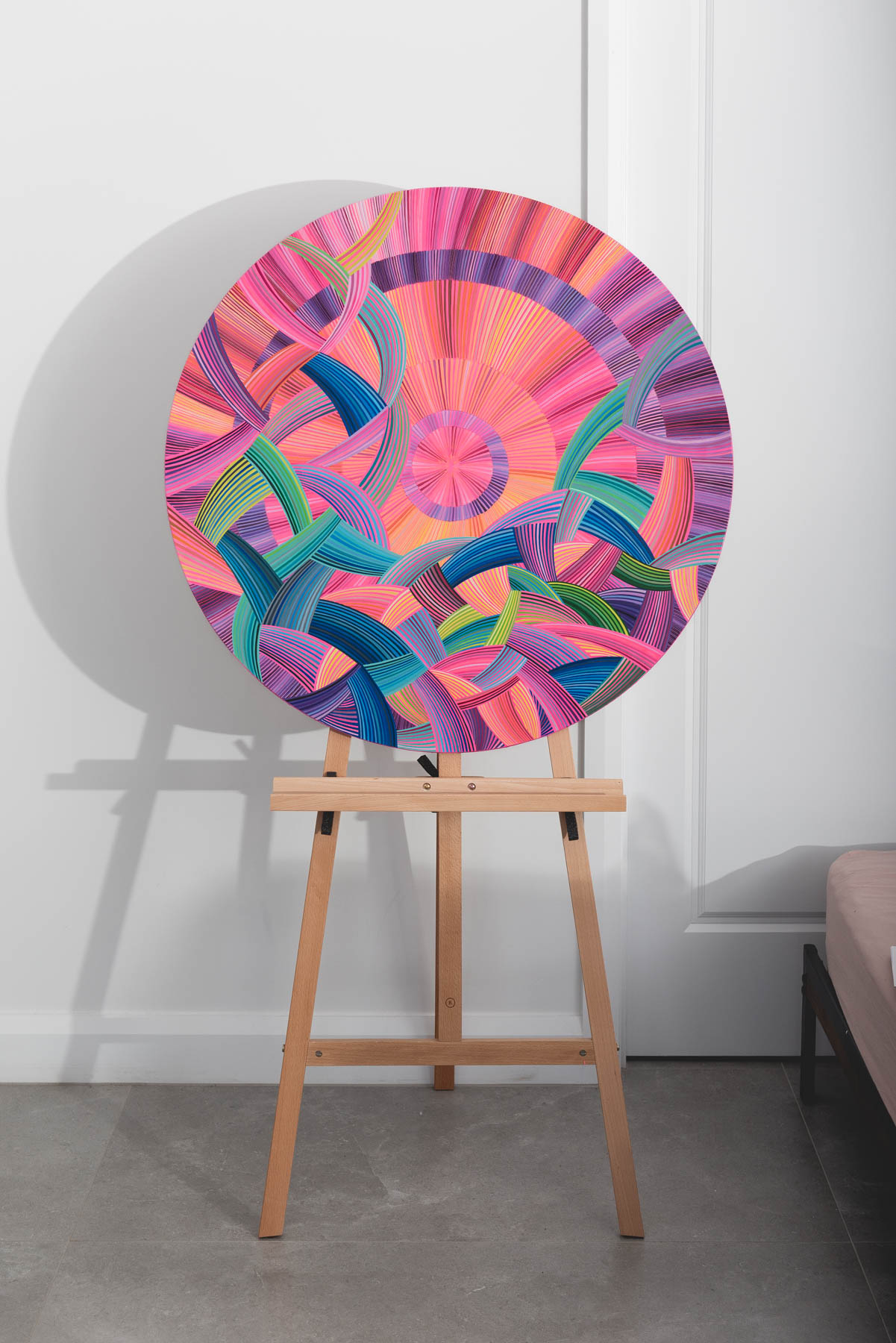 naina Redhu, naina.co, contemporary art, professional artist, round canvas, acrylics on canvas, synthetic polymer on canvas, original painting, Adelaide artist, Australia, Australian, we ride at dawn, 90 cms diameter, khaosphilos, art by naina, signature style, 2025, aurora australis, pink, orange, sunrise, Adelaide painter, contemporary artist