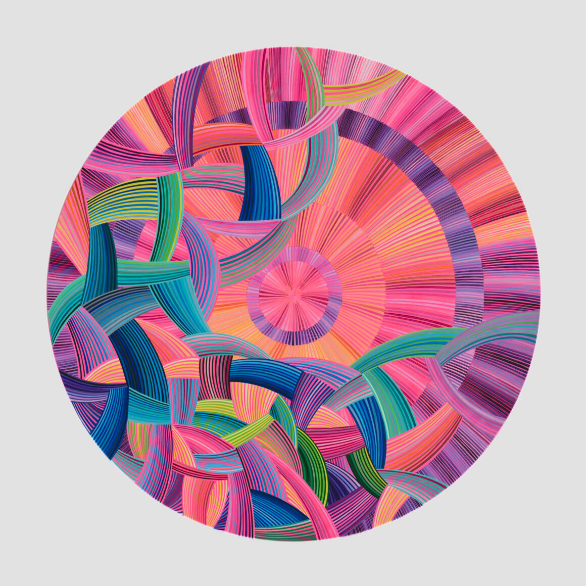 naina Redhu, naina.co, contemporary art, professional artist, round canvas, acrylics on canvas, synthetic polymer on canvas, original painting, Adelaide artist, Australia, Australian, we ride at dawn, 90 cms diameter, khaosphilos, art by naina, signature style, 2025, aurora australis, pink, orange, sunrise, Adelaide painter, contemporary artist