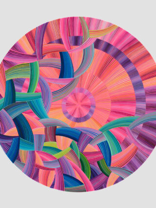 naina Redhu, naina.co, contemporary art, professional artist, round canvas, acrylics on canvas, synthetic polymer on canvas, original painting, Adelaide artist, Australia, Australian, we ride at dawn, 90 cms diameter, khaosphilos, art by naina, signature style, 2025, aurora australis, pink, orange, sunrise, Adelaide painter, contemporary artist