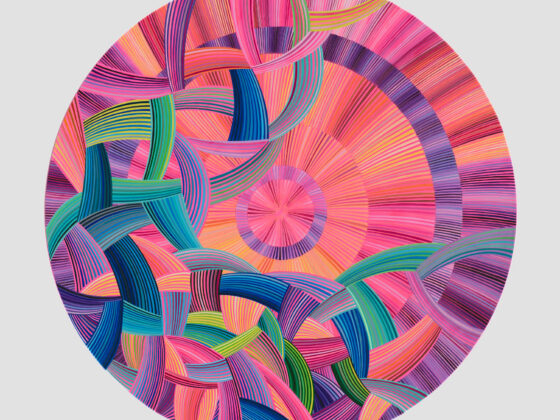 naina Redhu, naina.co, contemporary art, professional artist, round canvas, acrylics on canvas, synthetic polymer on canvas, original painting, Adelaide artist, Australia, Australian, we ride at dawn, 90 cms diameter, khaosphilos, art by naina, signature style, 2025, aurora australis, pink, orange, sunrise, Adelaide painter, contemporary artist