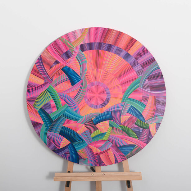 naina Redhu, naina.co, contemporary art, professional artist, round canvas, acrylics on canvas, synthetic polymer on canvas, original painting, Adelaide artist, Australia, Australian, we ride at dawn, 90 cms diameter, khaosphilos, art by naina, signature style, 2025, aurora australis, pink, orange, sunrise, Adelaide painter, contemporary artist