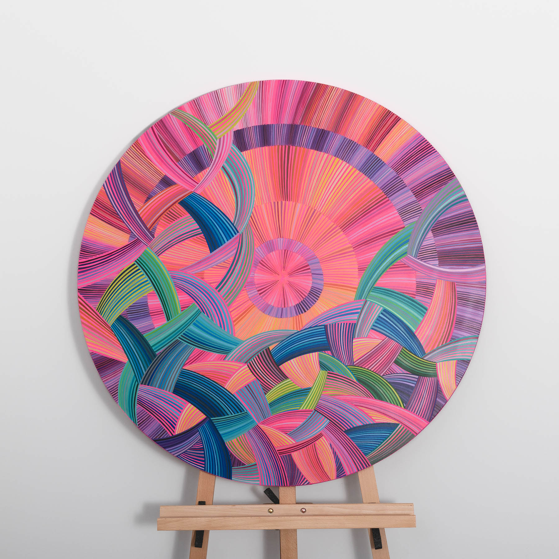 naina Redhu, naina.co, contemporary art, professional artist, round canvas, acrylics on canvas, synthetic polymer on canvas, original painting, Adelaide artist, Australia, Australian, we ride at dawn, 90 cms diameter, khaosphilos, art by naina, signature style, 2025, aurora australis, pink, orange, sunrise, Adelaide painter, contemporary artist