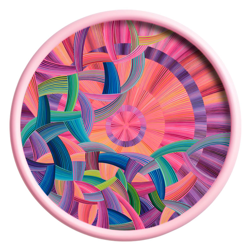 naina Redhu, naina.co, contemporary art, professional artist, round canvas, acrylics on canvas, synthetic polymer on canvas, original painting, Adelaide artist, Australia, Australian, we ride at dawn, 90 cms diameter, khaosphilos, art by naina, signature style, 2025, aurora australis, pink, orange, sunrise, Adelaide painter, contemporary artist