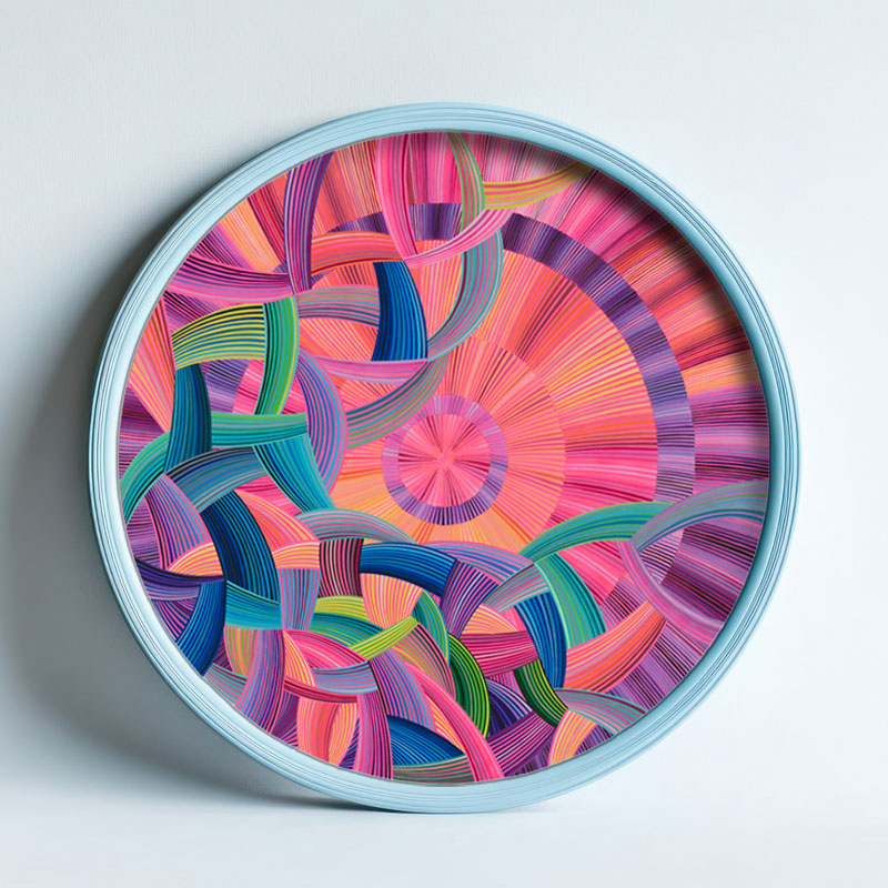 naina Redhu, naina.co, contemporary art, professional artist, round canvas, acrylics on canvas, synthetic polymer on canvas, original painting, Adelaide artist, Australia, Australian, we ride at dawn, 90 cms diameter, khaosphilos, art by naina, signature style, 2025, aurora australis, pink, orange, sunrise, Adelaide painter, contemporary artist