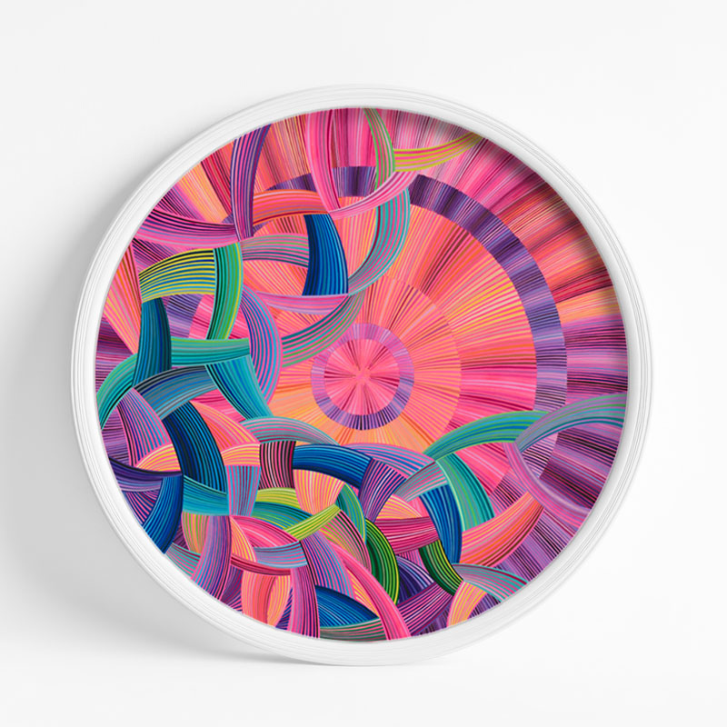 naina Redhu, naina.co, contemporary art, professional artist, round canvas, acrylics on canvas, synthetic polymer on canvas, original painting, Adelaide artist, Australia, Australian, we ride at dawn, 90 cms diameter, khaosphilos, art by naina, signature style, 2025, aurora australis, pink, orange, sunrise, Adelaide painter, contemporary artist