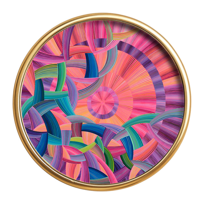 naina Redhu, naina.co, contemporary art, professional artist, round canvas, acrylics on canvas, synthetic polymer on canvas, original painting, Adelaide artist, Australia, Australian, we ride at dawn, 90 cms diameter, khaosphilos, art by naina, signature style, 2025, aurora australis, pink, orange, sunrise, Adelaide painter, contemporary artist