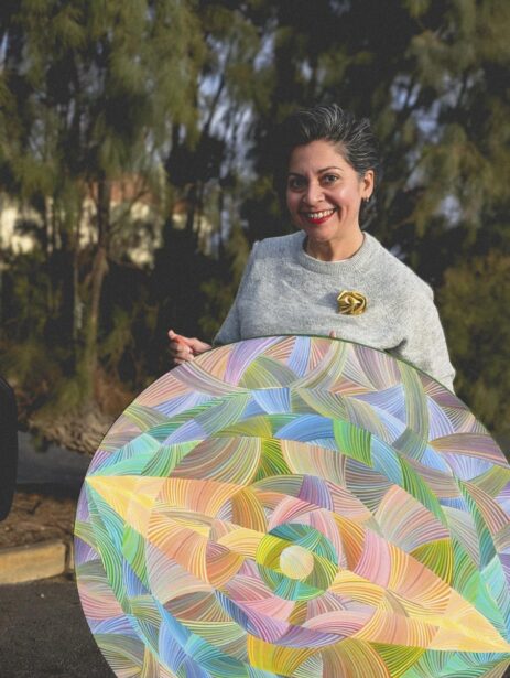Naina Redhu, naina.co, contemporary art, abstract art, tondo, professional artist, round canvas, acrylics on canvas, synthetic polymer on canvas, original painting, Adelaide artist, Australia, Australian, 45, 90 cms diameter, khaosphilos, art by naina, signature style, 2025, eye, opening, third eye, chakra, awakening, waking up, transformation, Adelaide painter, contemporary artist