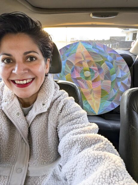 Naina Redhu, naina.co, contemporary art, abstract art, tondo, professional artist, round canvas, acrylics on canvas, synthetic polymer on canvas, original painting, Adelaide artist, Australia, Australian, 45, 90 cms diameter, khaosphilos, art by naina, signature style, 2025, eye, opening, third eye, chakra, awakening, waking up, transformation, Adelaide painter, contemporary artist