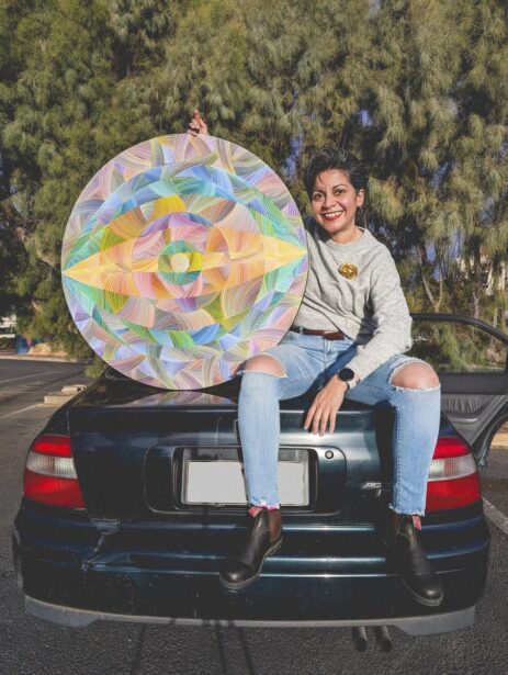 Naina Redhu, naina.co, contemporary art, abstract art, tondo, professional artist, round canvas, acrylics on canvas, synthetic polymer on canvas, original painting, Adelaide artist, Australia, Australian, 45, 90 cms diameter, khaosphilos, art by naina, signature style, 2025, eye, opening, third eye, chakra, awakening, waking up, transformation, Adelaide painter, contemporary artist