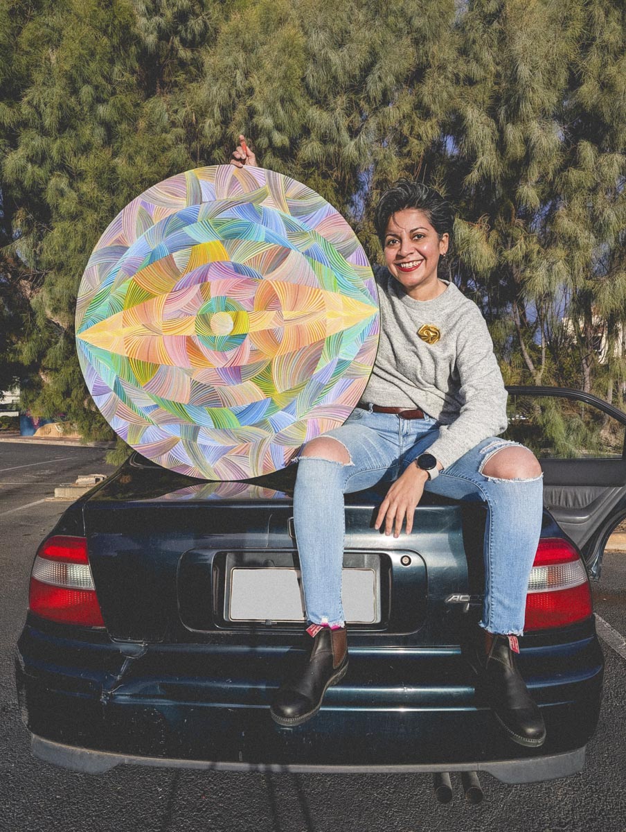 Naina Redhu, naina.co, contemporary art, abstract art, tondo, professional artist, round canvas, acrylics on canvas, synthetic polymer on canvas, original painting, Adelaide artist, Australia, Australian, 45, 90 cms diameter, khaosphilos, art by naina, signature style, 2025, eye, opening, third eye, chakra, awakening, waking up, transformation, Adelaide painter, contemporary artist