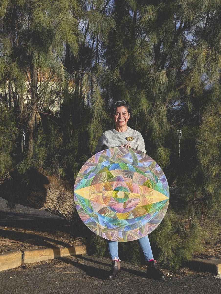 Naina Redhu, naina.co, contemporary art, abstract art, tondo, professional artist, round canvas, acrylics on canvas, synthetic polymer on canvas, original painting, Adelaide artist, Australia, Australian, 45, 90 cms diameter, khaosphilos, art by naina, signature style, 2025, eye, opening, third eye, chakra, awakening, waking up, transformation, Adelaide painter, contemporary artist