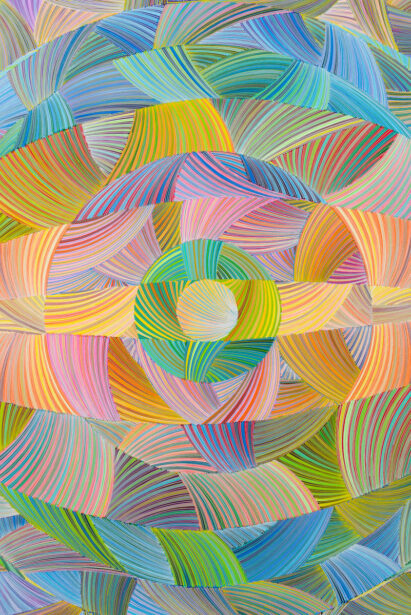 Naina Redhu, naina.co, contemporary art, abstract art, tondo, professional artist, round canvas, acrylics on canvas, synthetic polymer on canvas, original painting, Adelaide artist, Australia, Australian, 45, 90 cms diameter, khaosphilos, art by naina, signature style, 2025, eye, opening, third eye, chakra, awakening, waking up, transformation, Adelaide painter, contemporary artist
