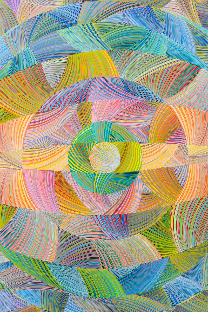 Naina Redhu, naina.co, contemporary art, abstract art, tondo, professional artist, round canvas, acrylics on canvas, synthetic polymer on canvas, original painting, Adelaide artist, Australia, Australian, 45, 90 cms diameter, khaosphilos, art by naina, signature style, 2025, eye, opening, third eye, chakra, awakening, waking up, transformation, Adelaide painter, contemporary artist