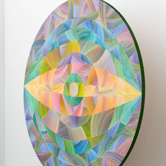 Naina Redhu, naina.co, contemporary art, abstract art, tondo, professional artist, round canvas, acrylics on canvas, synthetic polymer on canvas, original painting, Adelaide artist, Australia, Australian, 45, 90 cms diameter, khaosphilos, art by naina, signature style, 2025, eye, opening, third eye, chakra, awakening, waking up, transformation, Adelaide painter, contemporary artist