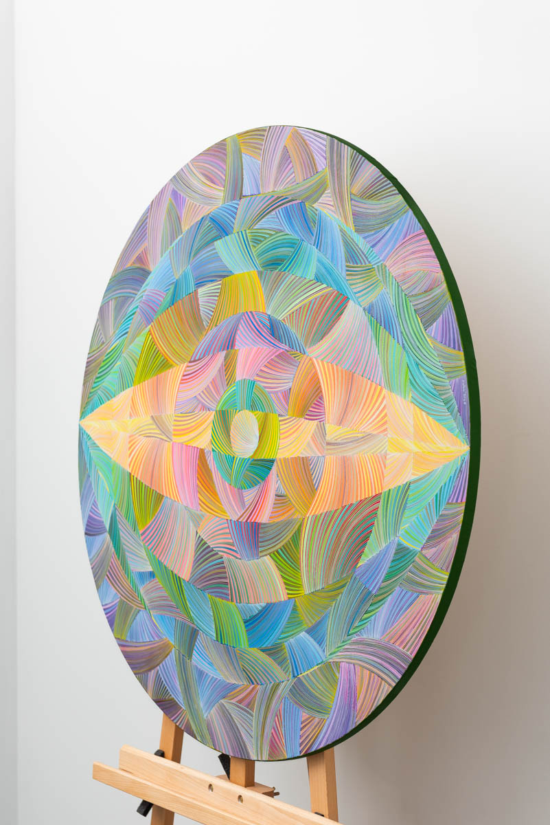 Naina Redhu, naina.co, contemporary art, abstract art, tondo, professional artist, round canvas, acrylics on canvas, synthetic polymer on canvas, original painting, Adelaide artist, Australia, Australian, 45, 90 cms diameter, khaosphilos, art by naina, signature style, 2025, eye, opening, third eye, chakra, awakening, waking up, transformation, Adelaide painter, contemporary artist
