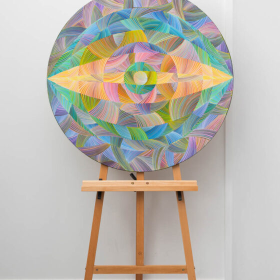 Naina Redhu, naina.co, contemporary art, abstract art, tondo, professional artist, round canvas, acrylics on canvas, synthetic polymer on canvas, original painting, Adelaide artist, Australia, Australian, 45, 90 cms diameter, khaosphilos, art by naina, signature style, 2025, eye, opening, third eye, chakra, awakening, waking up, transformation, Adelaide painter, contemporary artist
