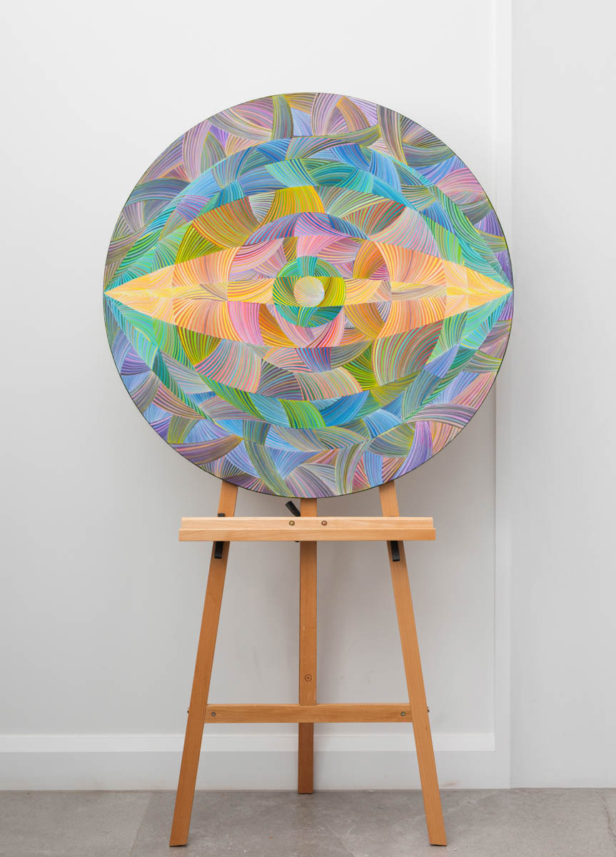 Naina Redhu, naina.co, contemporary art, abstract art, tondo, professional artist, round canvas, acrylics on canvas, synthetic polymer on canvas, original painting, Adelaide artist, Australia, Australian, 45, 90 cms diameter, khaosphilos, art by naina, signature style, 2025, eye, opening, third eye, chakra, awakening, waking up, transformation, Adelaide painter, contemporary artist